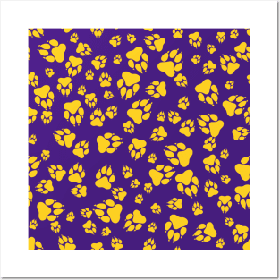 Tiger Paw Prints Pattern Gold on Purple Digital Design Posters and Art